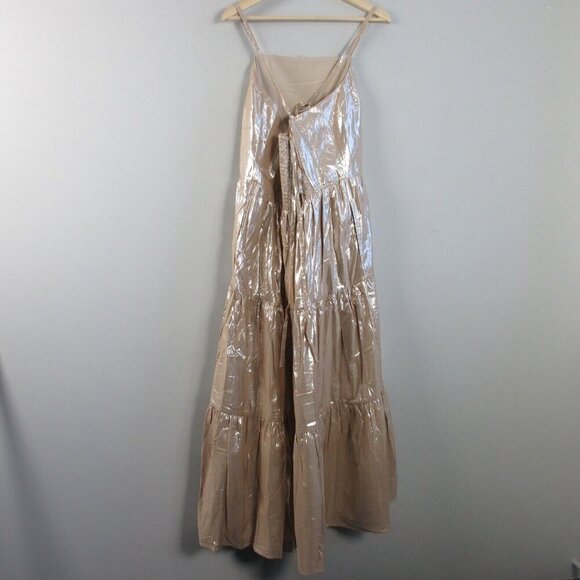 Gap Women's Maxi Dress Halter L Metallic Gold Viscose Rayon Tiered Cocktail 280 - Picture 2 of 13